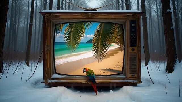 Tropical escape in winter woods: colorful parrot watching beach scene on vintage tv