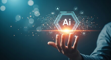 Glowing artificial intelligence hexagonal icon held by hand with digital circuit lines and data symbols
