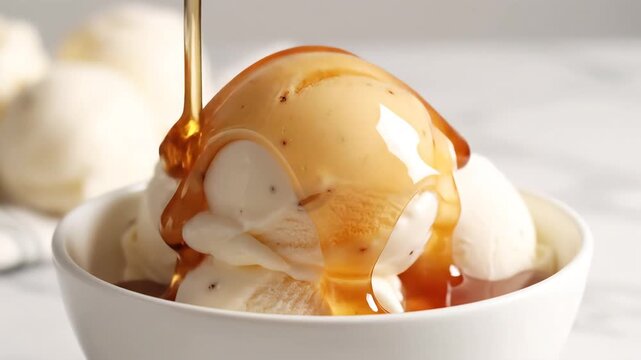Delicious vanilla ice cream with honey drizzle in a white bowl a sweet dessert treat.