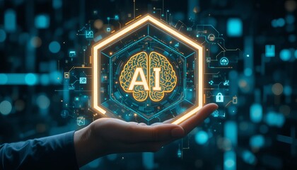 Human hand holding glowing AI brain icon inside hexagon with futuristic digital background