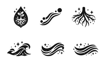 Obraz premium Harmonious Growth Icons. Solid style icons of harmonious growth: glassroot pattern, motionpath line, glowing root, expanding wave,