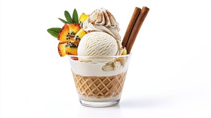 Fototapeta premium A delicious vanilla ice cream sundae is artfully presented in a waffle cone cup with whipped cream, cinnamon sticks, and garnished with vibrant sliced fruit.