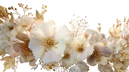 Artistic 3 D golden mixed flower wreath with white and beige flowers isolated on a transparent background