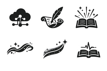 Obraz premium AI Storytelling Icons. Solid style icons of AI Storytelling: cloud node, ink ribbon, narrative beam, flowing thread, luminous