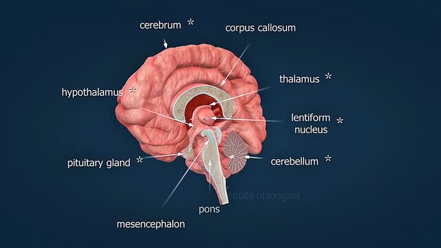 Section of human brain showing cerebrum, cerebellum, brainstem, lobes, and ventricles.