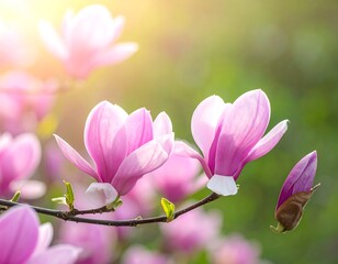 Obraz premium Pink magnolia blossoms on a branch, backlit by golden sunlight, soft bokeh green background