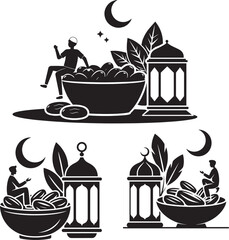 Ramadan illustration featuring dates crescent moon a lantern and a person enjoying the season