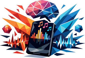 AI-Generated Music Art. Low-poly vector illustration focused on a personalized music playlist created by artificial intelligence