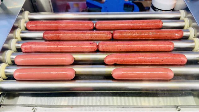 Long delicious hot dogs are sizzling on a roller grill in supermarket indoor, making them the perfect choice for outdoor gatherings and events. Close-up.