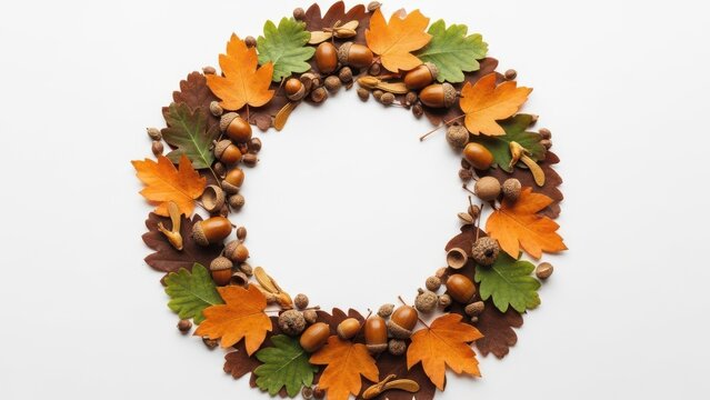 Autumn wreath with leaves and acorns isolated on transparent background