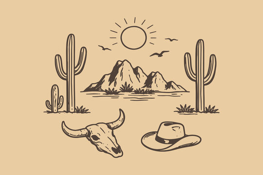Desert cactus western landscape hand drawn vector illustration