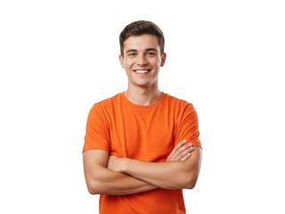 Obraz premium Young man in orange shirt smiling isolated on transparent background