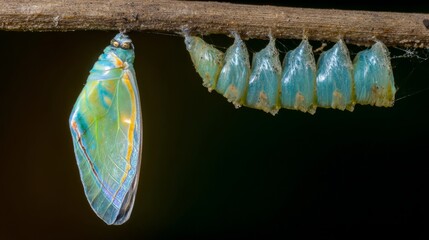 chrysalis. Butterfly emerging from its chrysalis, wings unfolding in transformation. wildlife magazines, conservation campaigns, designed for nature documentaries and education, used by professors.
