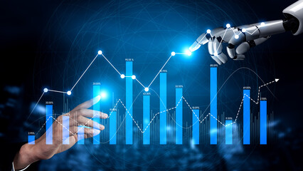 A visually striking image showing the interaction between a robot hand and a human hand over digital financial graphs, symbolizing technology, partnership, and innovation in business. Scalp