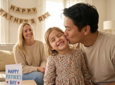 Father kissing daughter at home, love and appreciation on Father&rsquo;s Day. Blended family.