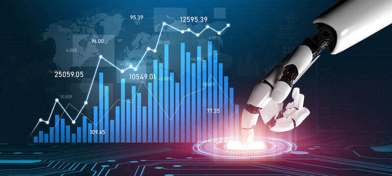 A robotic hand engages with a digital interface displaying financial data trends and analytics, symbolizing innovation in technology and finance sectors. Scalp - Powered by Adobe