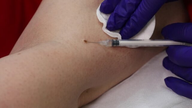 Close up of doctor's hands in purple gloves injecting syringe into patient's armpit. This medical procedure is often used to treat hyperhidrosis or excessive sweating in a beauty clinic.

