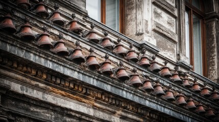 entablature. Classical architecture cornice featuring conical guttae details under soft window light. real-estate listings.
