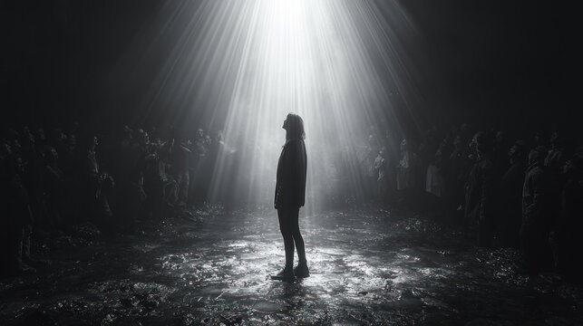 Silhouette of Woman Standing in Dark Environment with Bright Light Ray Spotlight