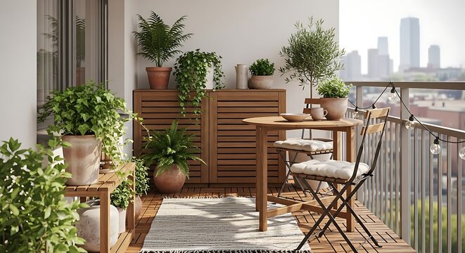 Inviting urban balcony transformed into a green oasis, featuring a charming wooden table, chairs, lush potted plants, and stylish decor for peaceful city relaxation