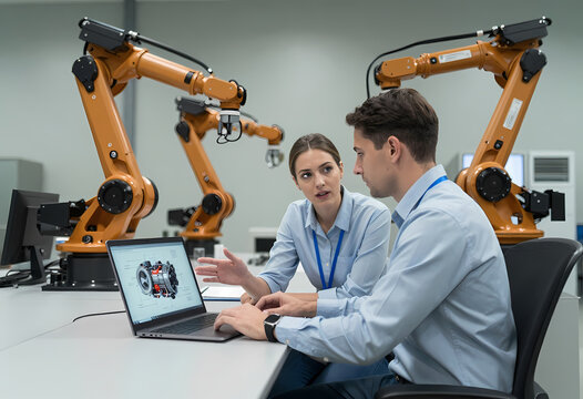 caucasian female industrial engineer sits beside male colleague autonomous facility sleek control room robotic arms looming behind