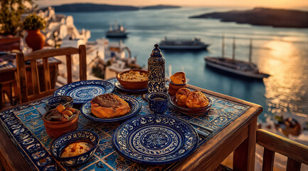 Naklejka premium A breakfast table is set on a terrace overlooking the Aegean sea at sunrise.