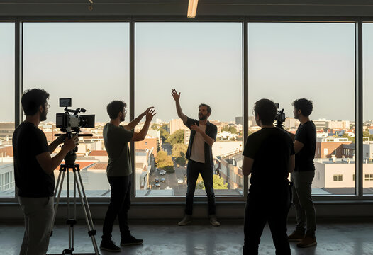 cinematographer frames sweeping cityscape rooftop studio massive windows actors gesture dramatically foreground