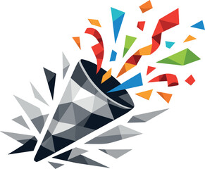 Obraz premium Celebratory Confetti Explosion. Low-poly vector illustration of a party popper icon with flying confetti representing celebration,
