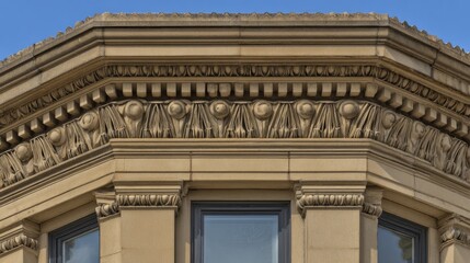 Fototapeta premium entablature. Classical architecture cornice featuring conical guttae details under soft window light. real-estate listings. 