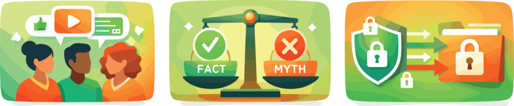 Informative Media Discussion. Three symbolic icons illustrating diverse people discussing media, fact vs myth scales, and secure