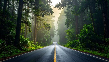 Obraz premium Road stretching forward, dark asphalt, framed by vivid, green forest canopy, light breaking through, and a sense of depth