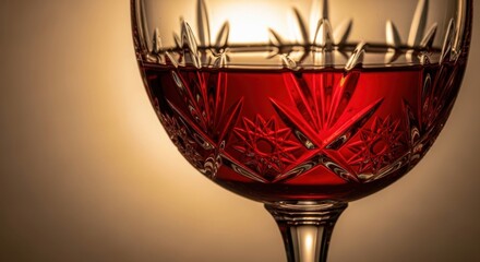 Close up of an elegant crystal glass filled with red wine. Festive drink for celebration and occasion. Alcohol beverage concept.