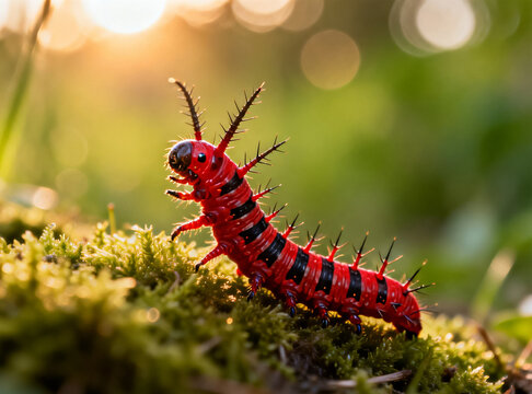 a crimson red caterpillar with black bands