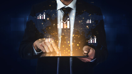 Visualization of global economic growth and stock market data. Financial chart analysis shows international business performance and investment opportunities in the world market. Fermion