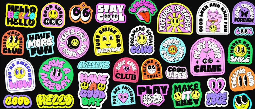 Cool Groovy Patches Vector Illustration. Trendy Pop Art Y2k Background. Stickers Collage Pattern.