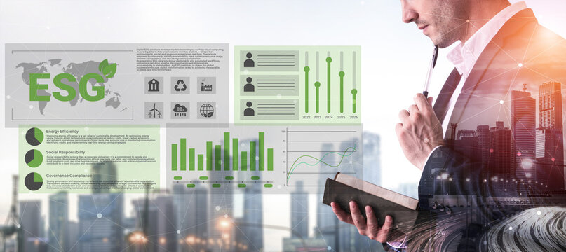 A businessman studies ESG metrics with data visualizations in a vibrant urban backdrop, showcasing the importance of sustainability and corporate governance trends. Gantry - Powered by Adobe