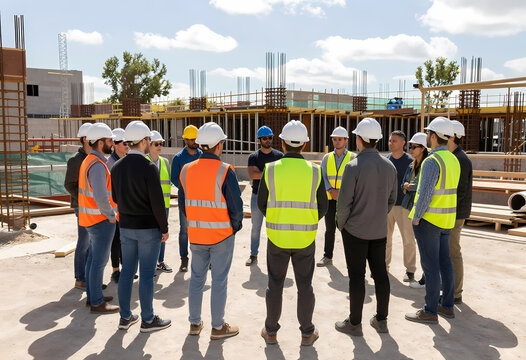 diverse group construction workers men women various ethnicities stand bustling meeting space building site un