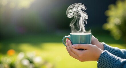 Woman holding a hot cup with steam rising in an outdoor garden. Beverage for relaxation and comfort. Morning drink concept.