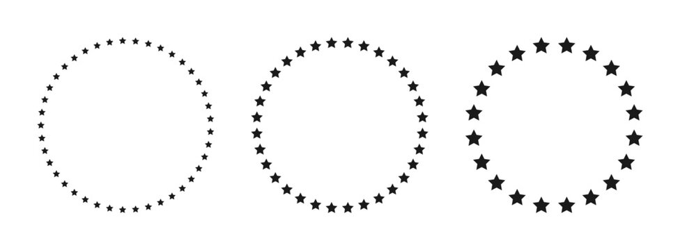 Round frame with stars. Decorative set of round frames made of stars. Circle frame with various star patterns. Vector.
