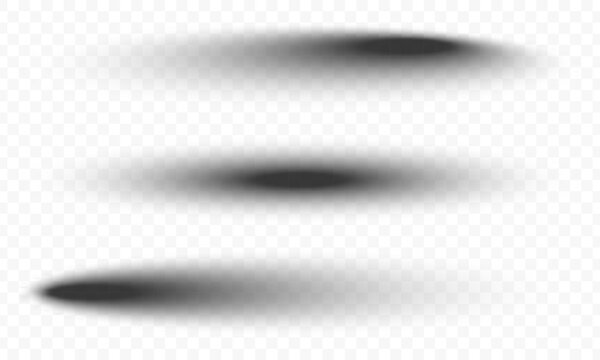 Round shadows set. Realistic shadow drop of objects in different angles. Light effect of shadows on transparent background for mockup design, overlay and product display. Vector.