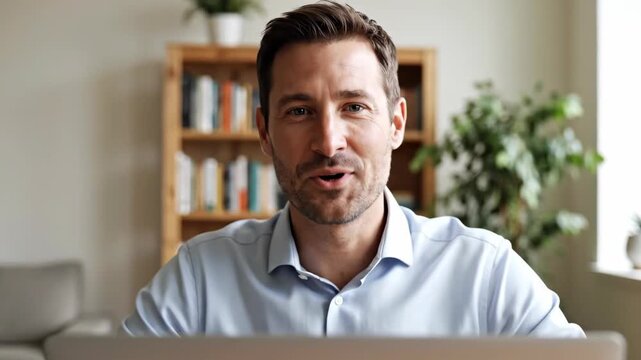 Happy man waving and smiling at the camera during a video call. Professional businessman greeting someone from a home office. Webcam point-of-view of a remote work conversation