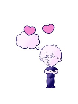 spinning hearts animation of cartoon suspicious man with thought bubble