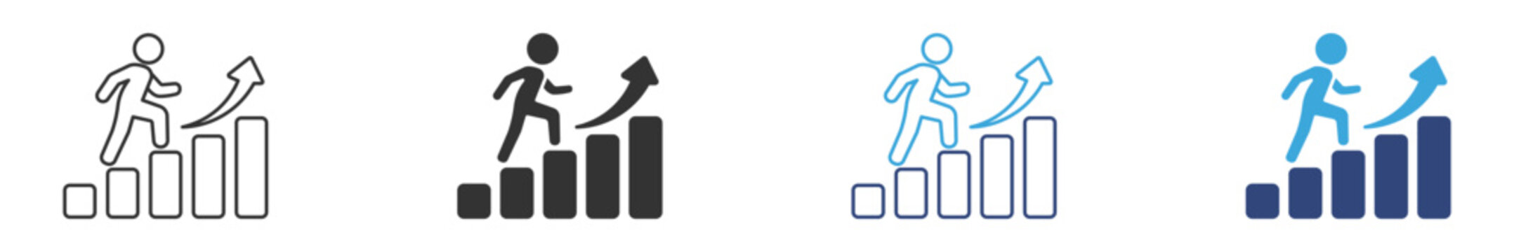 Career Progress Icon Set. Running Person and Bar Graph Symbols. Personal Growth and Achievement Collection, Vector Illustration.