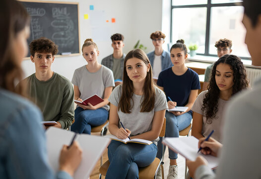 diverse group students sit attentively around lecturer scribbling notes colorful notebooks soft natural light spilling