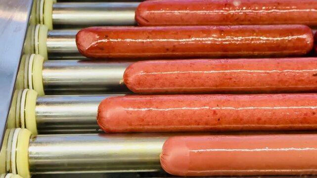 Long delicious hot dogs are sizzling on a roller grill in supermarket indoor, making them the perfect choice for outdoor gatherings and events. Close-up.