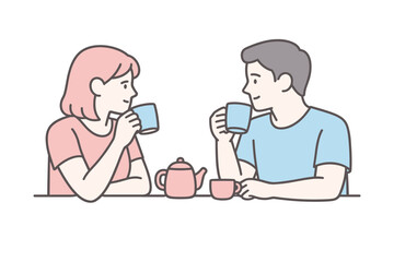 Fototapeta premium Coffee Time Together. A man and woman sit together drinking coffee, facing each other in a calm shared moment, minimalist flat