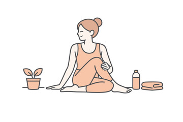 Minimalist Yoga Practice. A woman practices yoga at home, holding a calm pose during a quiet routine, minimalist flat line vector