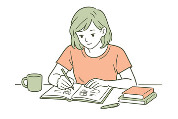 Casual Sketching Moment. Woman casually drawing concept sketches in a notebook, focused expression and gentle hand movement