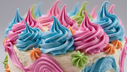 Close-up of a colorful birthday cake with piped frosting swirls. Festive dessert with pink, blue, and green buttercream icing. Sweet confectionery for a party celebration