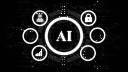 A digital illustration featuring the letters 'AI' at the center, surrounded by icons representing user, security, and growth, on a dark circuit board background